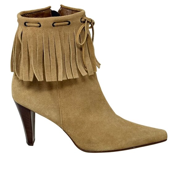 Nine West Fringe Suede Ankle Boots 9M Camel Tan Pointed Western Toe High Heel - Picture 5 of 10